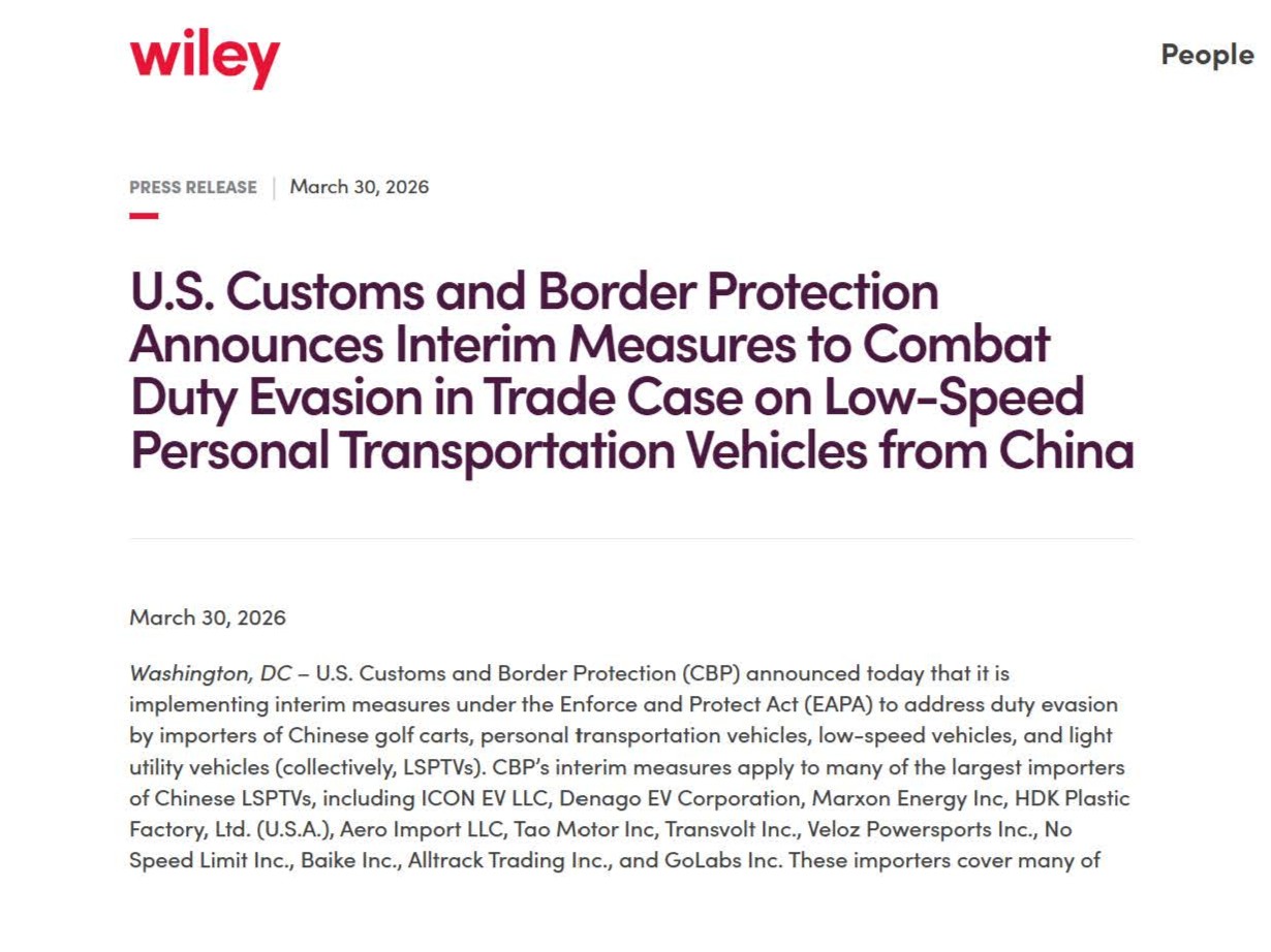 Read more about the article U.S. Customs and Border Protection Announces Interim Measures to Combat Duty Evasion in Trade Case on Low-Speed Personal Transportation Vehicles from China