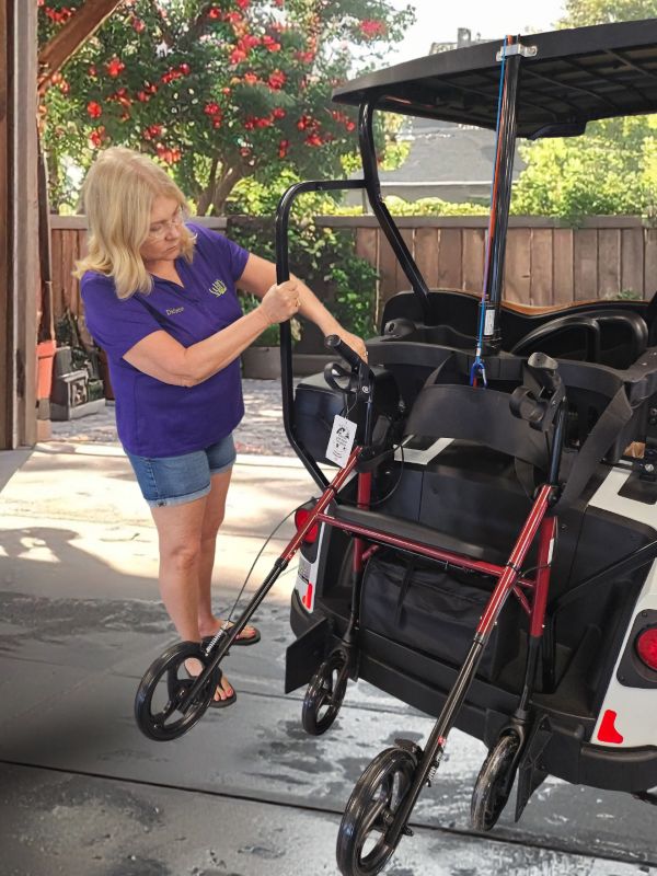 Mobility Golf Carts with electric lift that carries your walker or rollator on the back of a golf cart