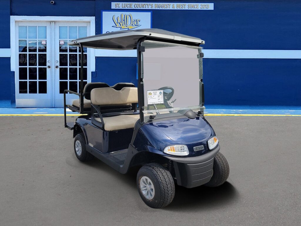 Refurbished 2021 E-Z-GO RXV ELiTE in dark blue at WilDar Golf Carts, Port St. Lucie